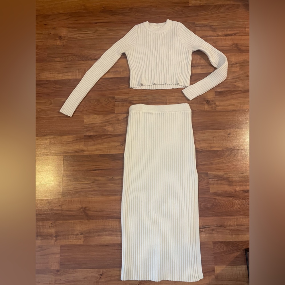 White Ribbed Knit Two-Piece Set